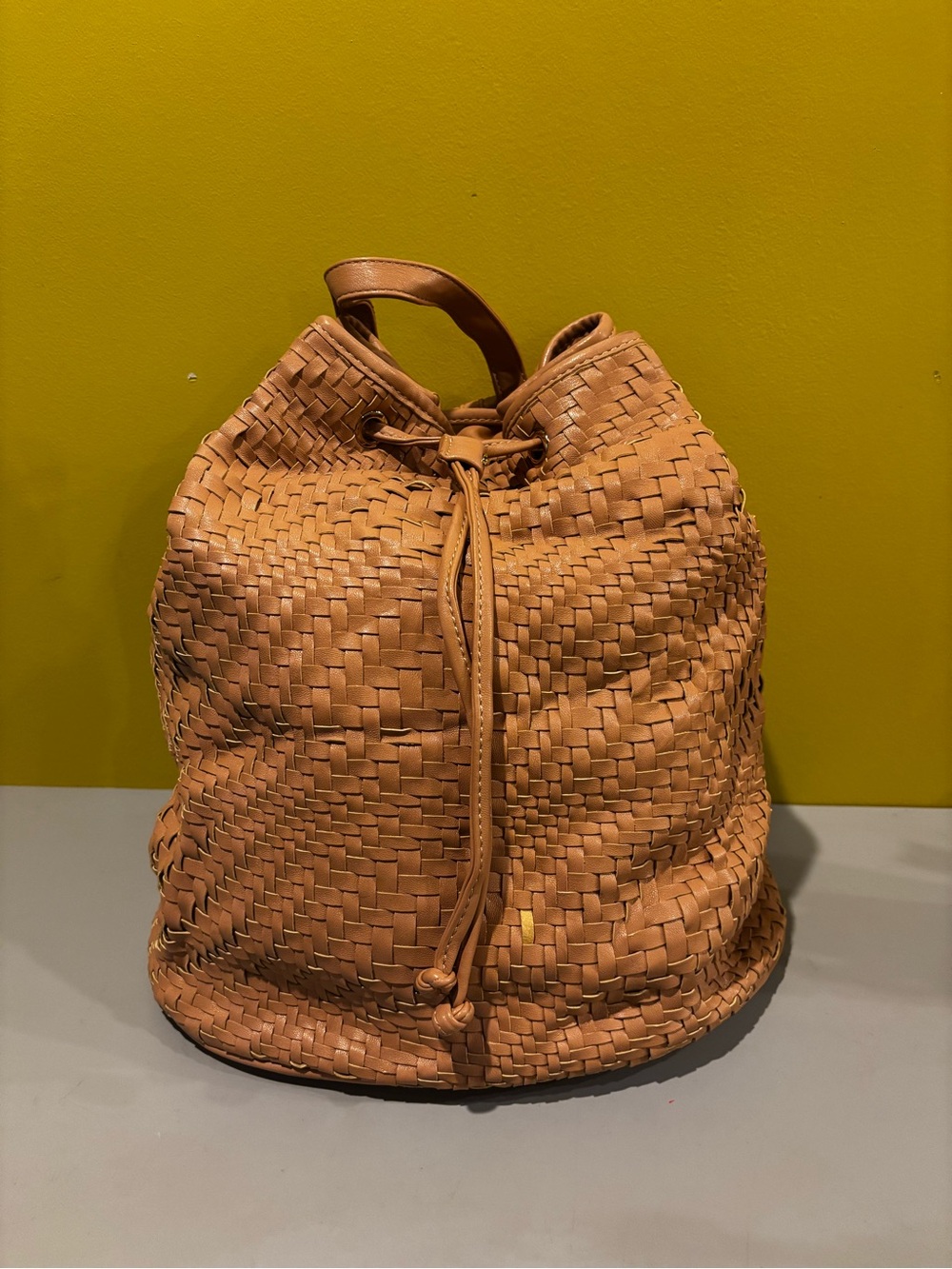 Woven Drawstring Bucket Bag in Tan